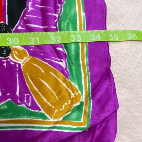 Vintage 100% silk scarf with world dance motif. Handmade. 34.5 inch square. - Picture 6 of 8